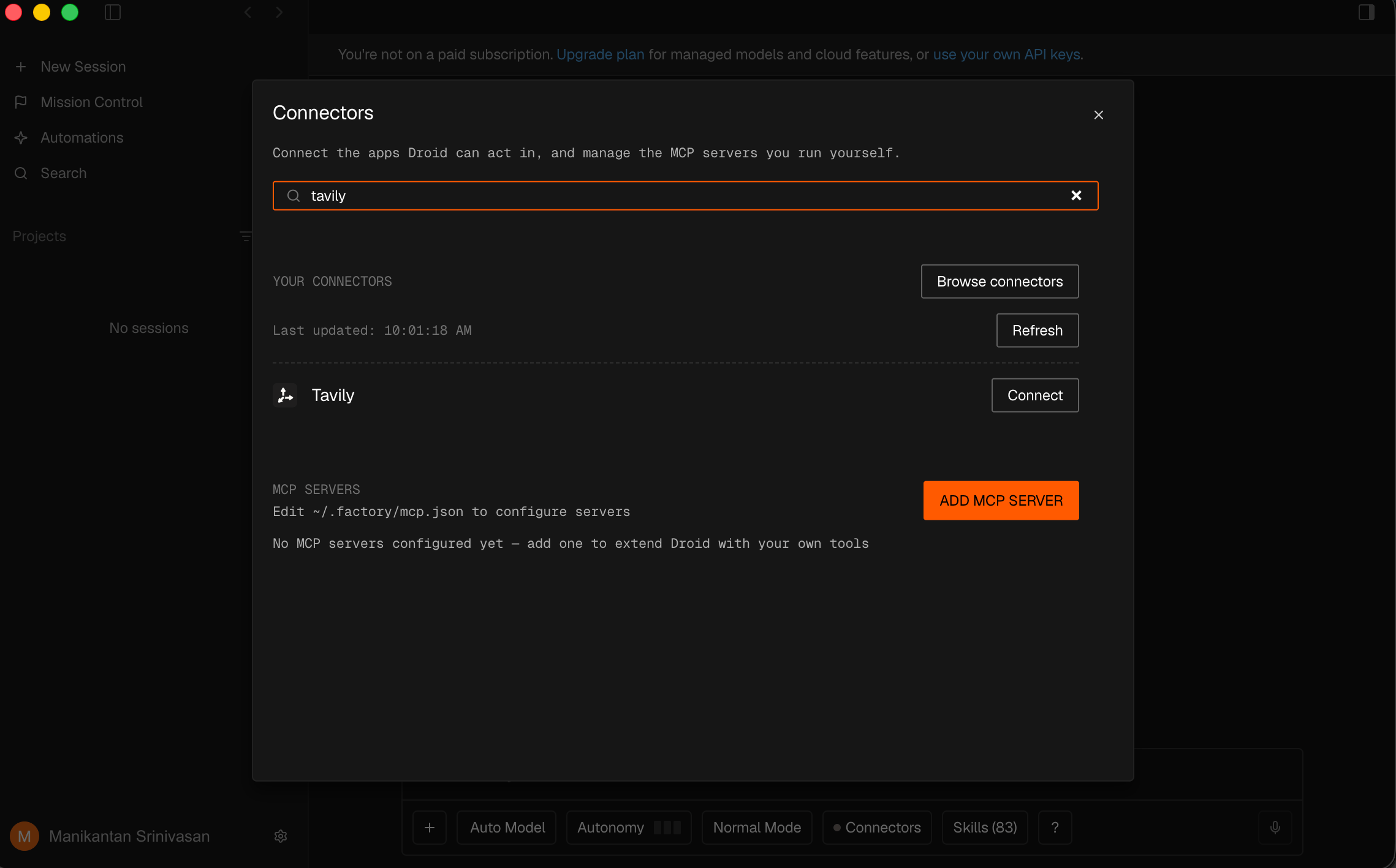 Factory's Connectors dialog with Tavily and its Connect button