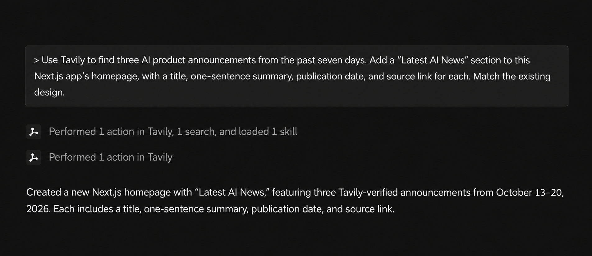 Droid using Tavily to research three AI announcements and create a Latest AI News section