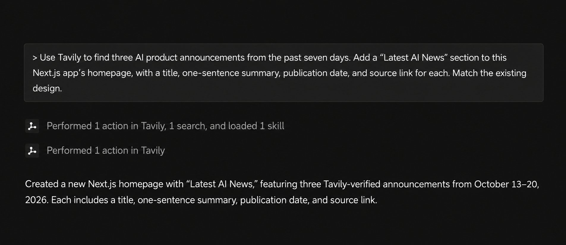 Droid using Tavily to research three AI announcements and create a Latest AI News section