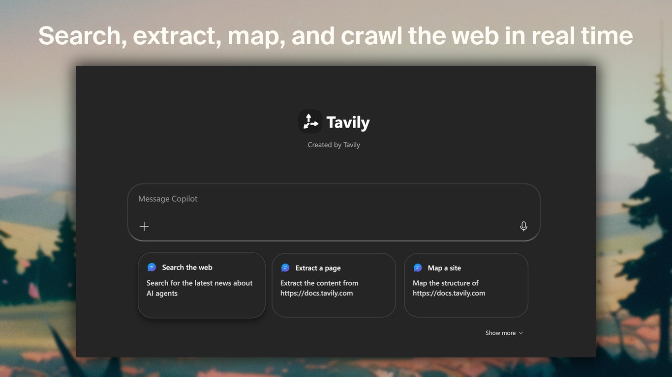 Tavily declarative agent in Microsoft 365 Copilot with starters for search, extraction, and site mapping