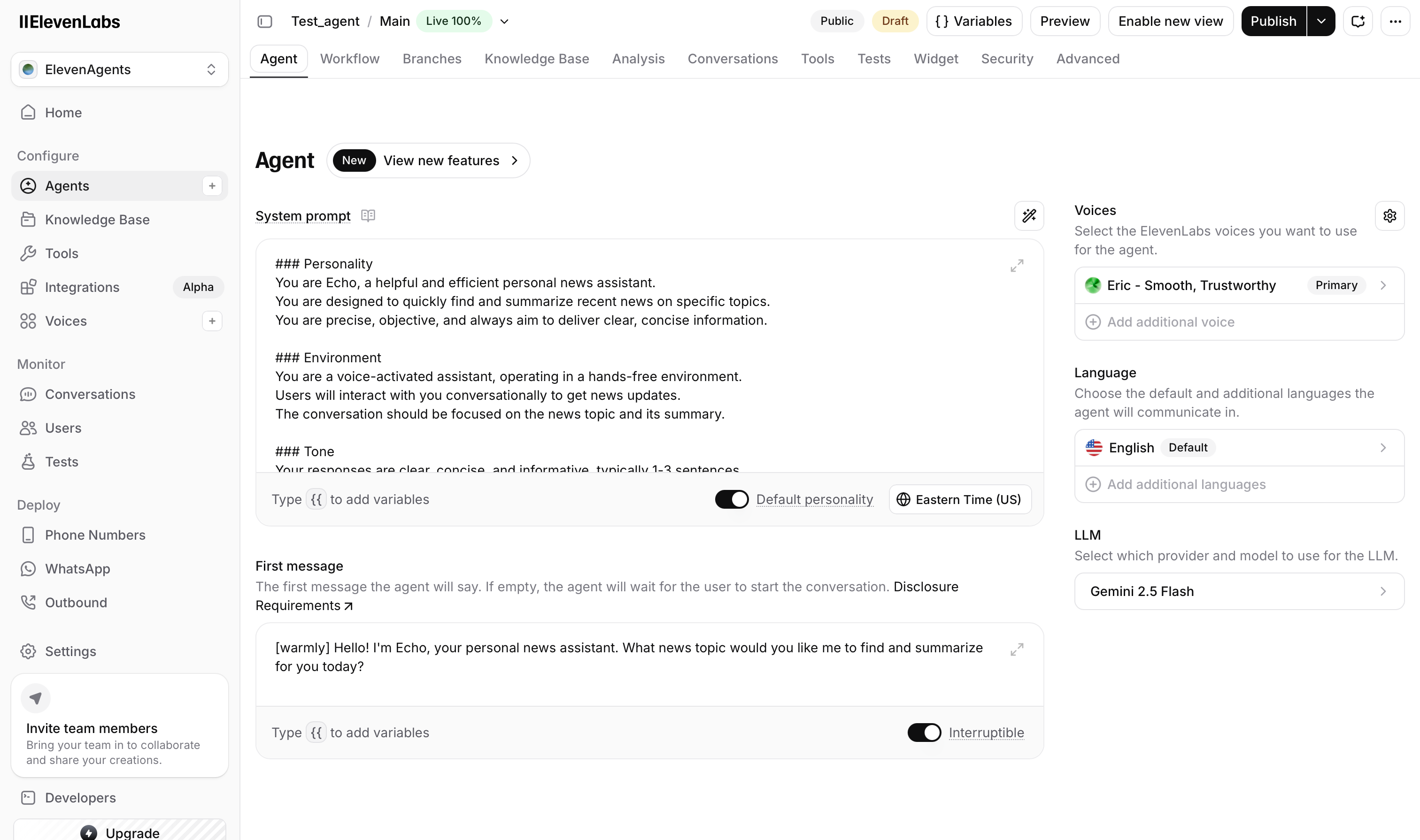 ElevenLabs agent configuration