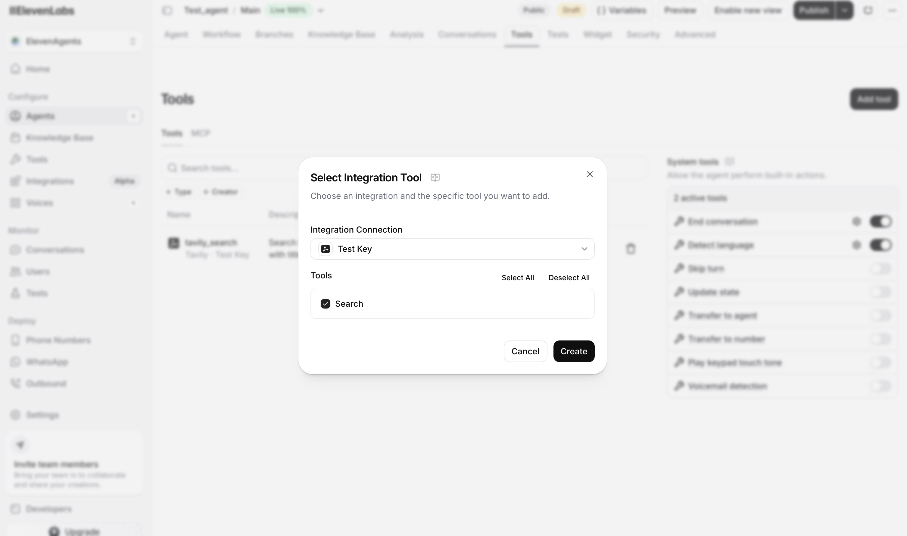 ElevenLabs Tools section with Tavily search
