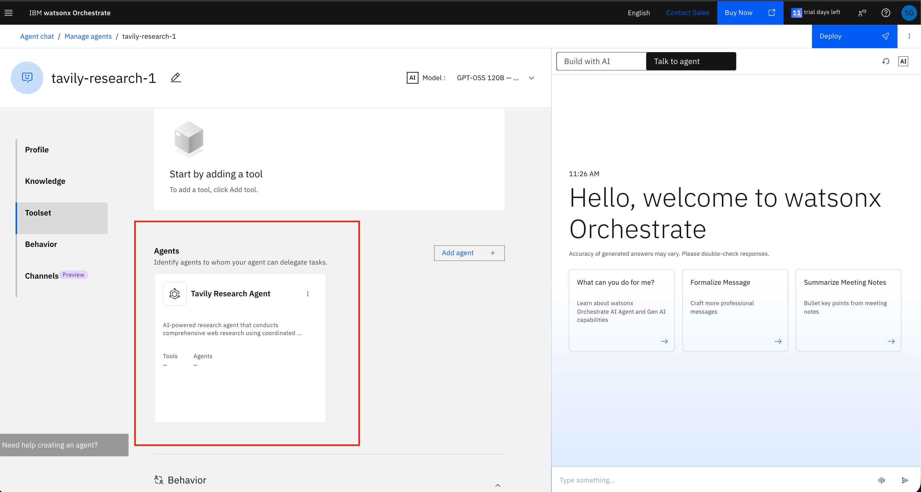Tavily agent loaded in toolset