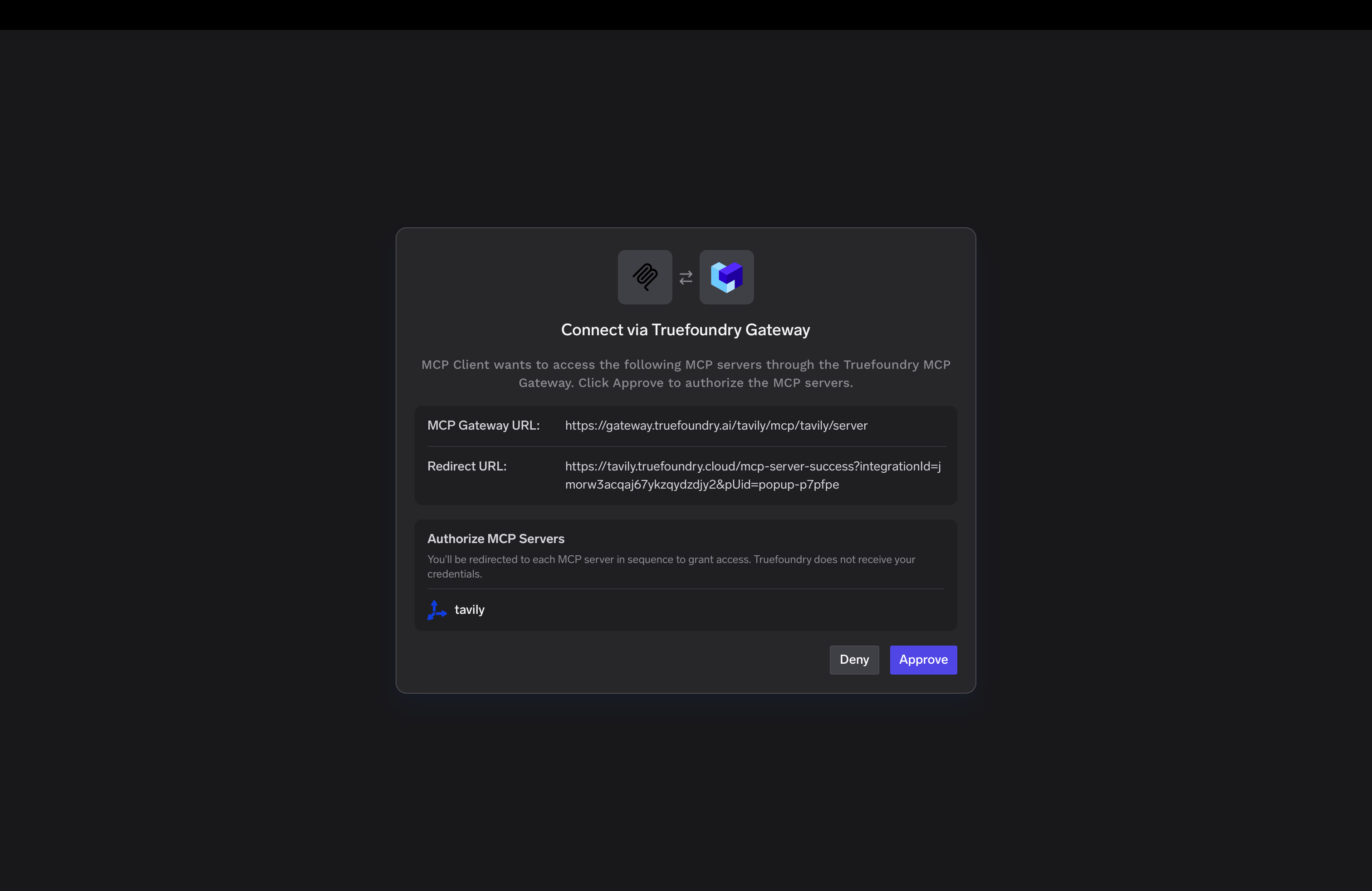 Approve Tavily OAuth2 access through the TrueFoundry MCP Gateway
