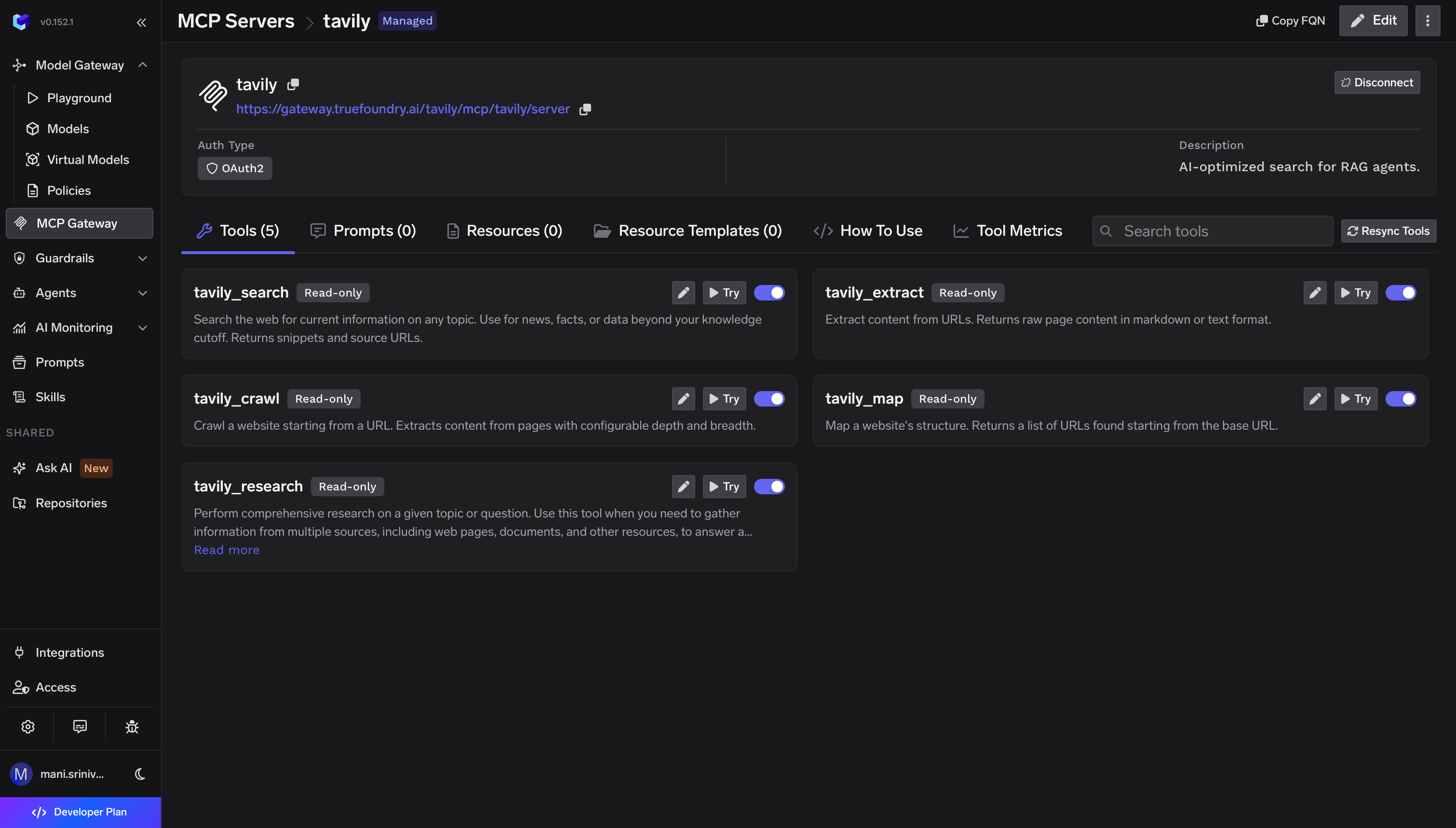 Tavily tools available in the TrueFoundry MCP Gateway