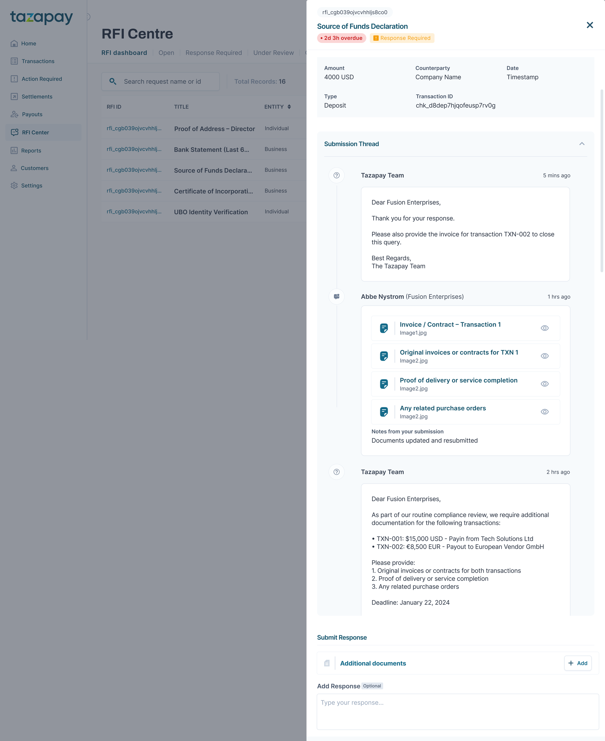 RFI detail panel showing transaction context and the submission thread