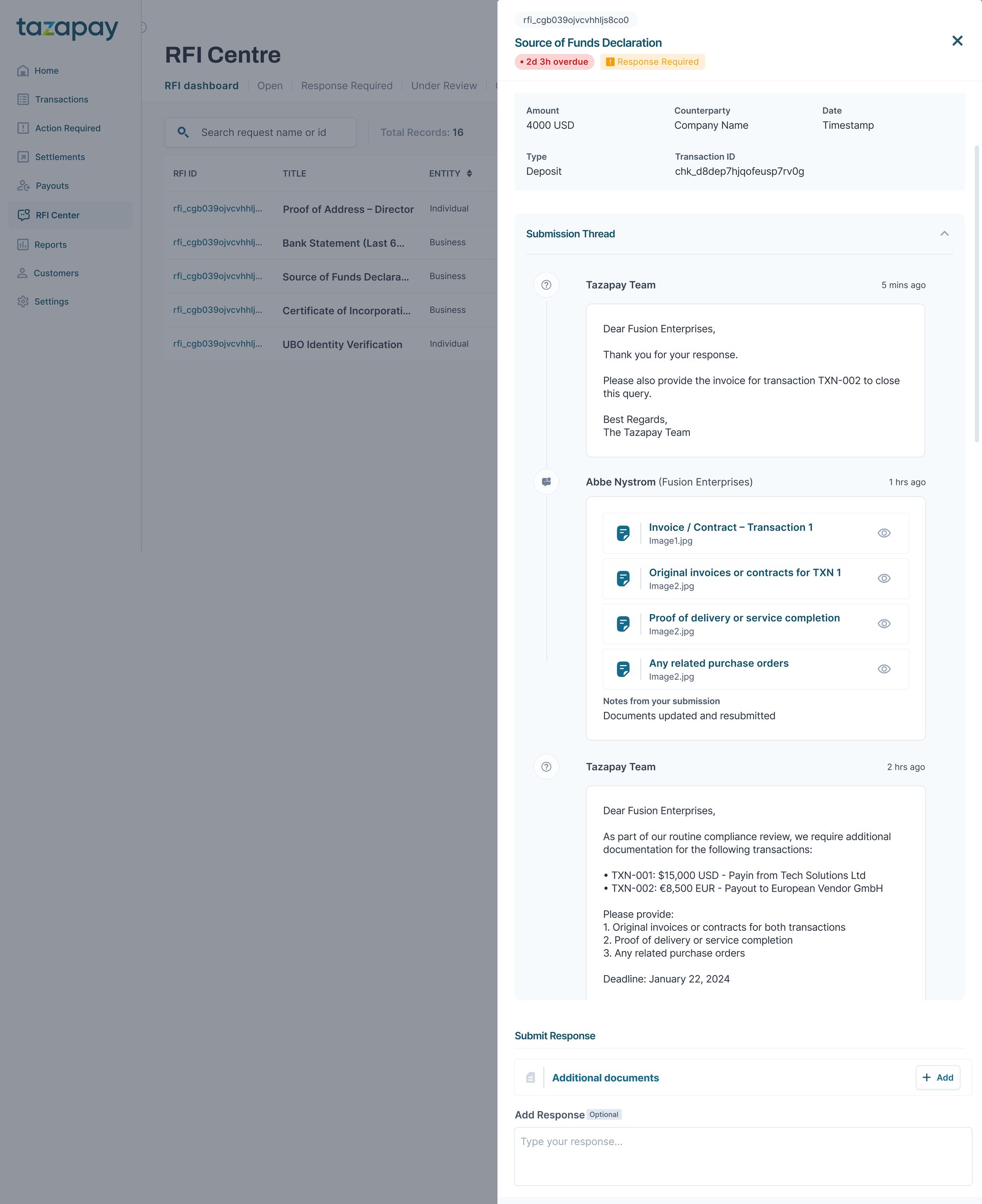 RFI detail panel showing transaction context and the submission thread