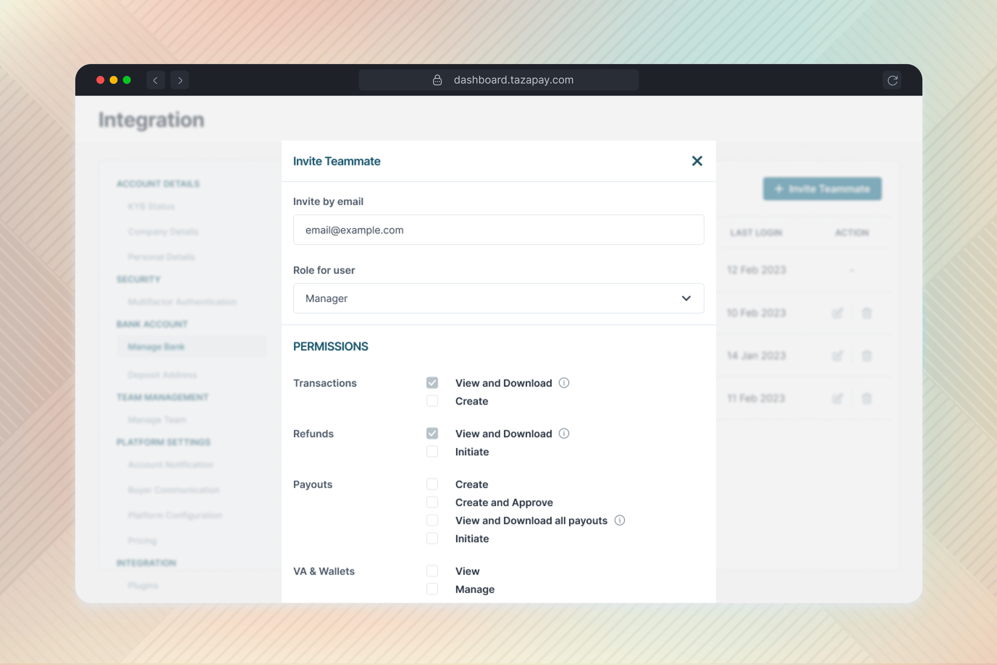 Role and permissions selection