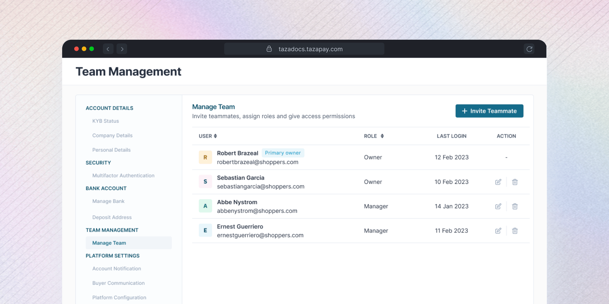 Manage Team dashboard