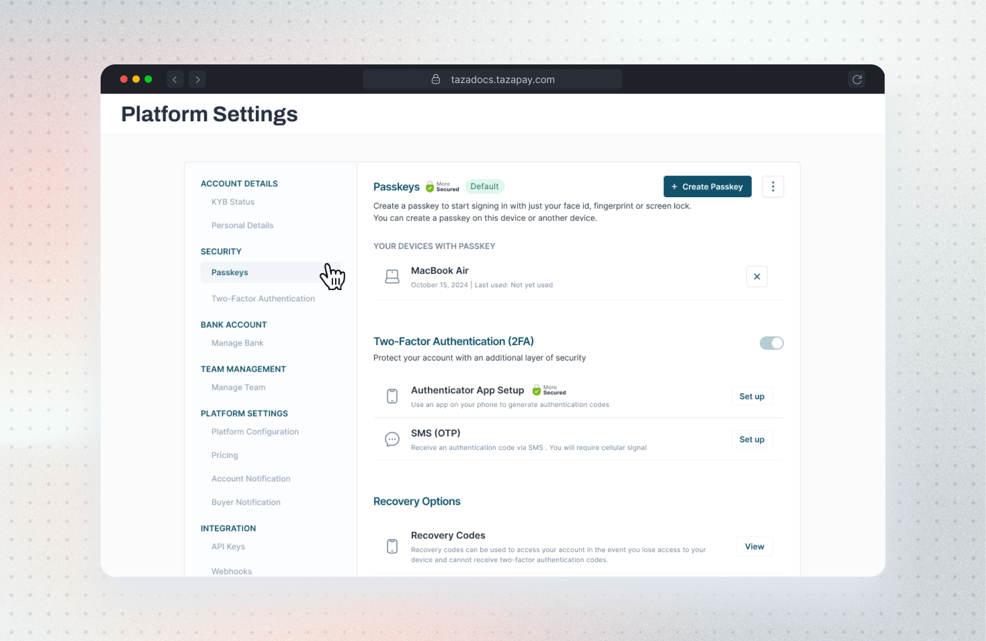 MFA setup in Platform Settings