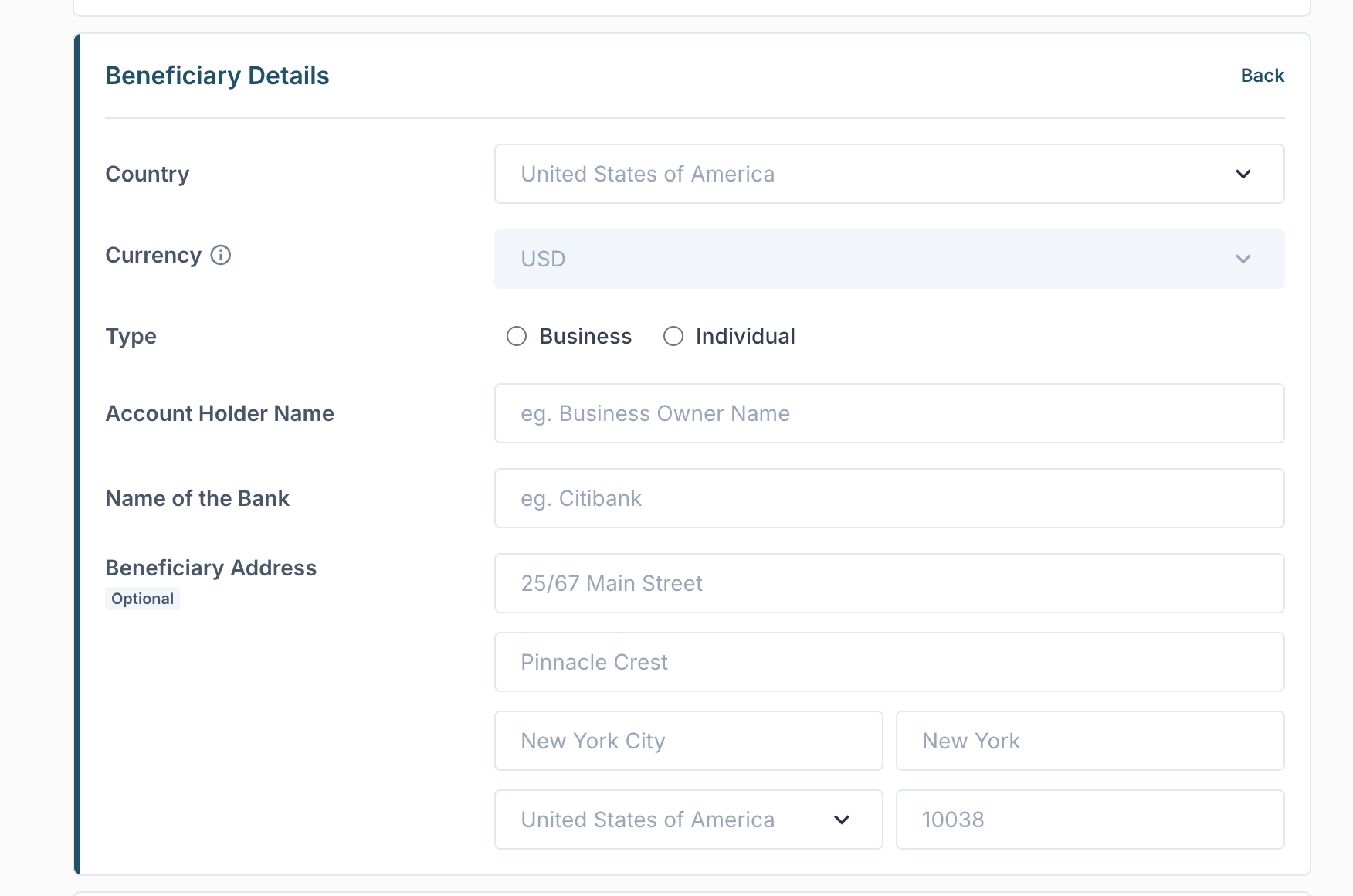 Add New Beneficiary form with country, currency, type, and bank details