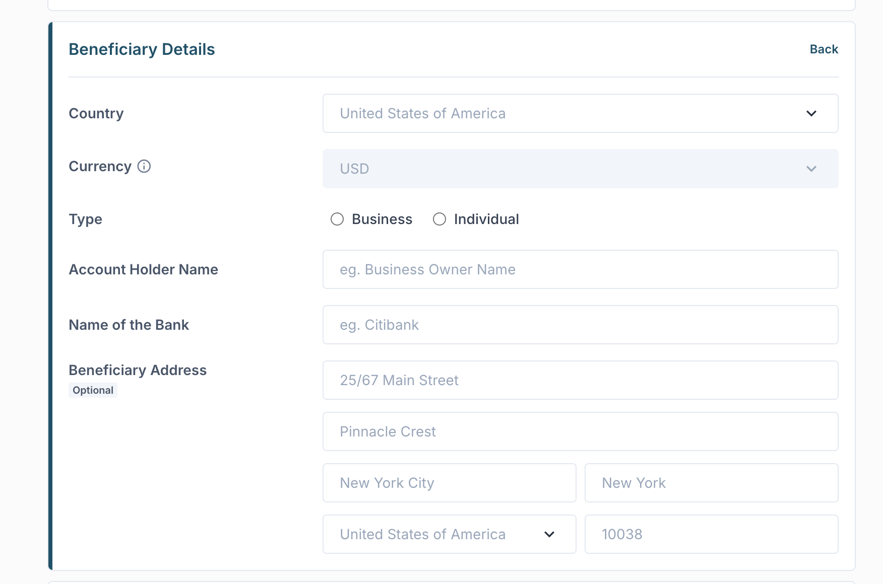 Add New Beneficiary form with country, currency, type, and bank details