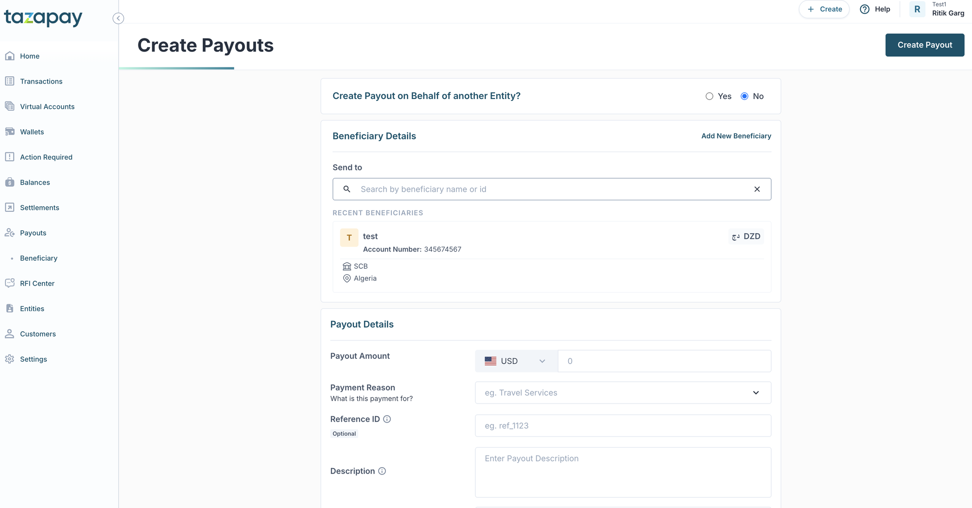 Create Payouts page with the on-behalf-of toggle, beneficiary search, and payout details