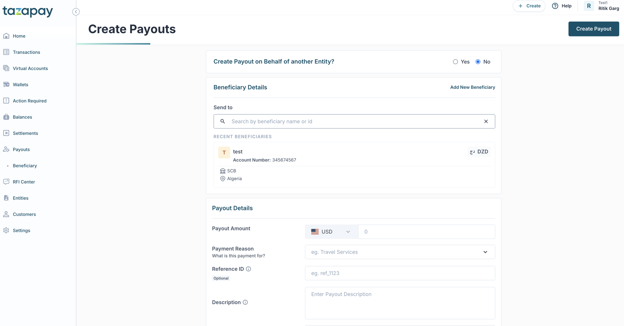 Create Payouts page with the on-behalf-of toggle, beneficiary search, and payout details
