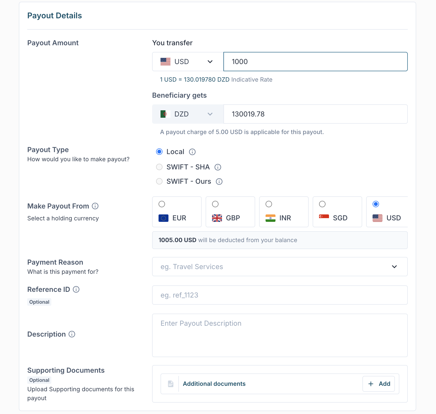 Payout Details form showing FX conversion, payout type, holding currency, and payment reason