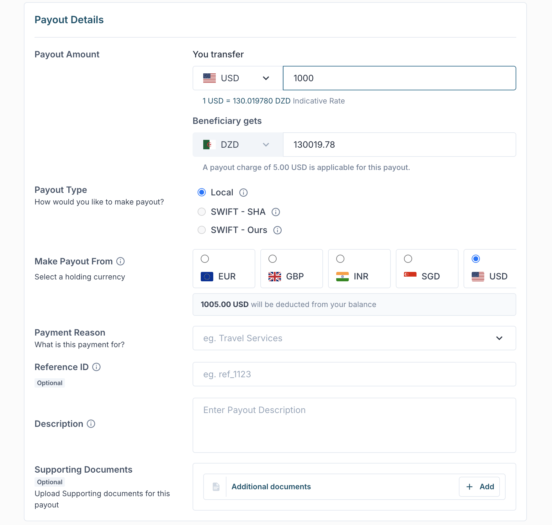 Payout Details form showing FX conversion, payout type, holding currency, and payment reason