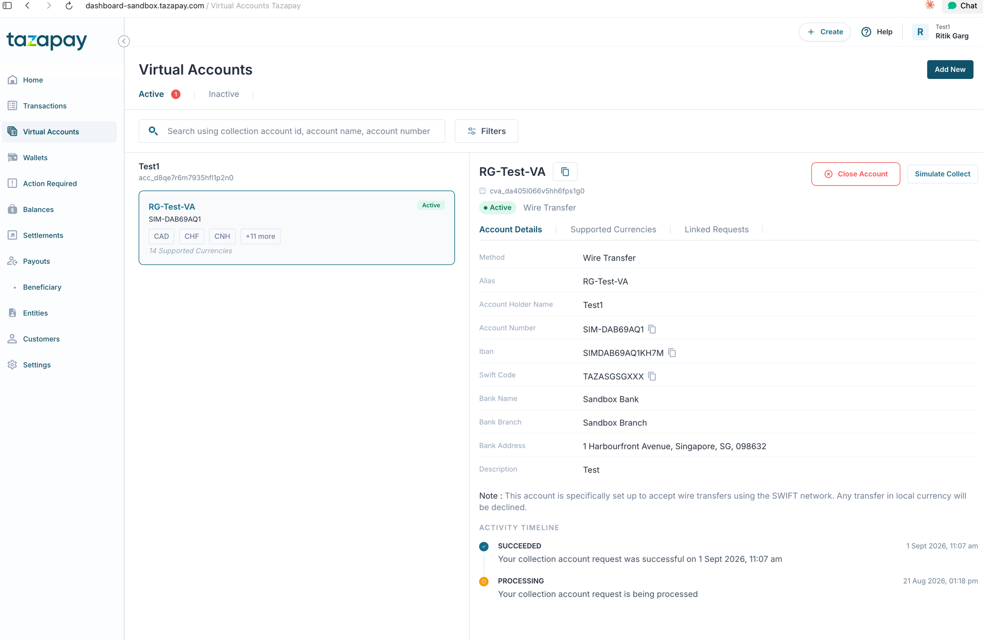 Virtual Accounts — select an active account and click Simulate Collect