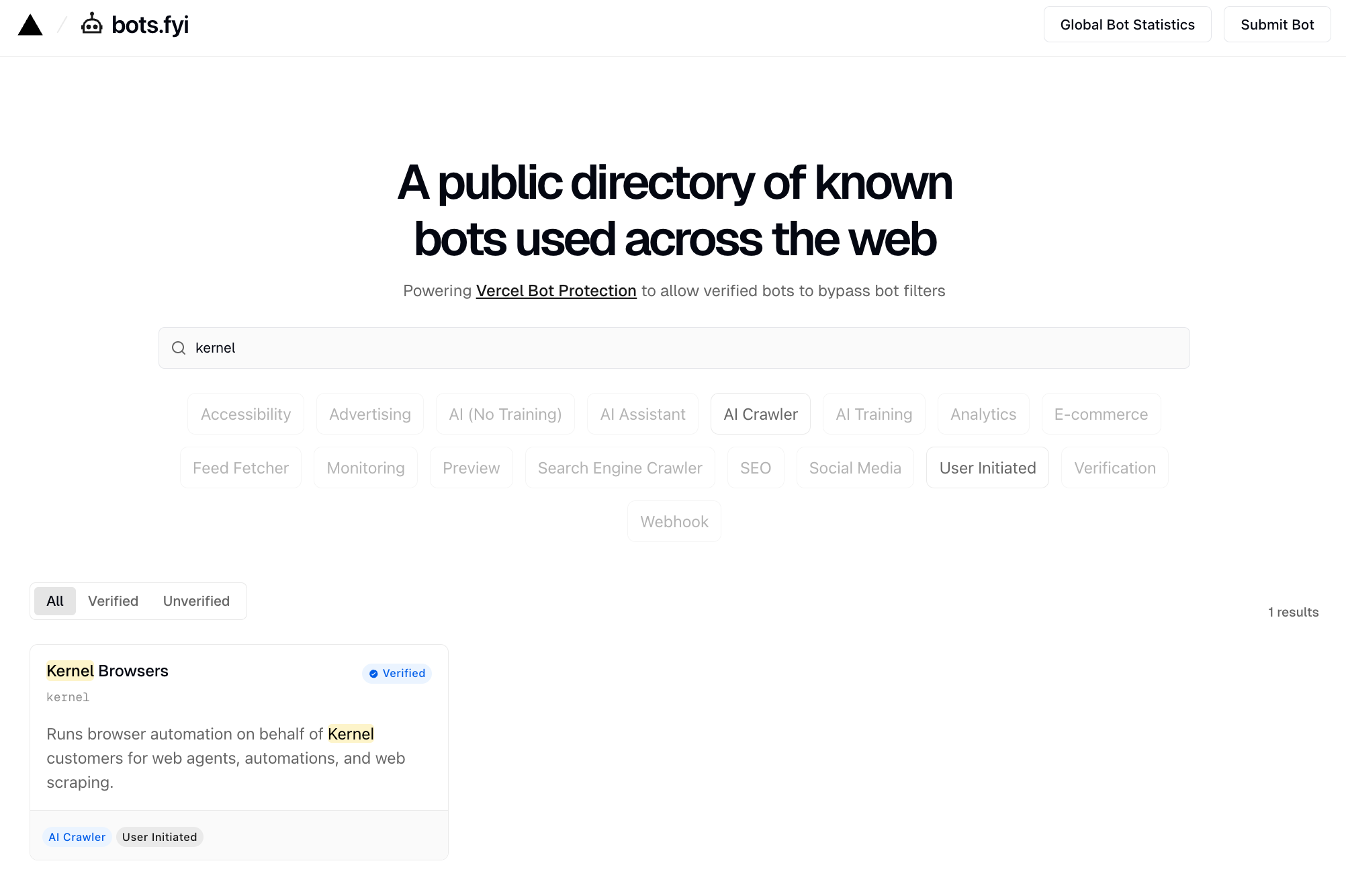 Kernel on Vercel's public directory of known bots used across the web