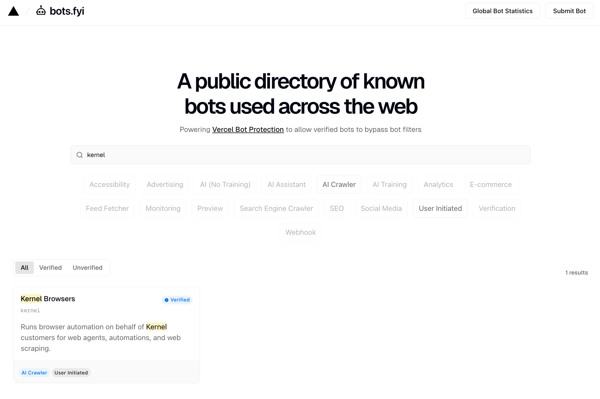 KERNEL on Vercel's public directory of known bots used across the web