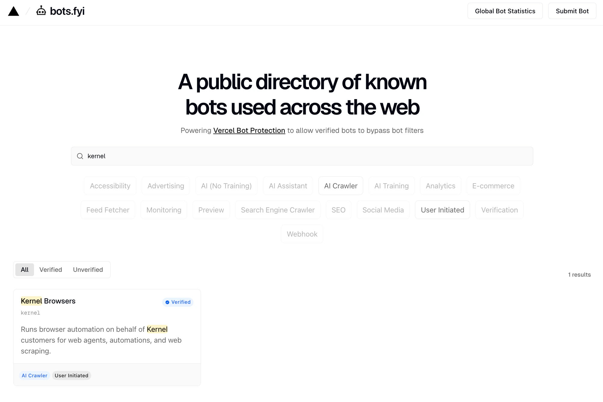 Kernel on Vercel's public directory of known bots used across the web