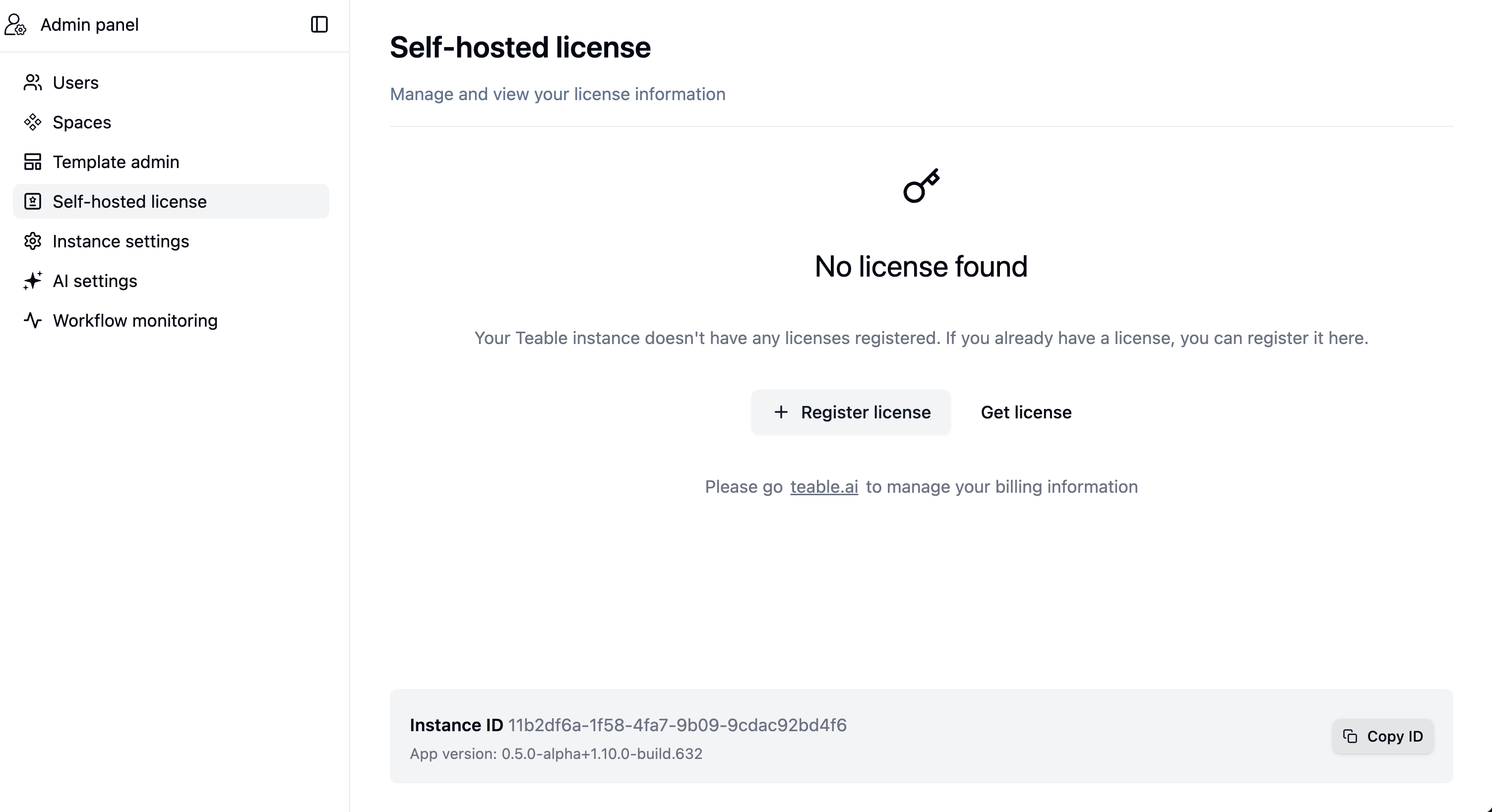 Copy the Instance ID from the Self-hosted License page