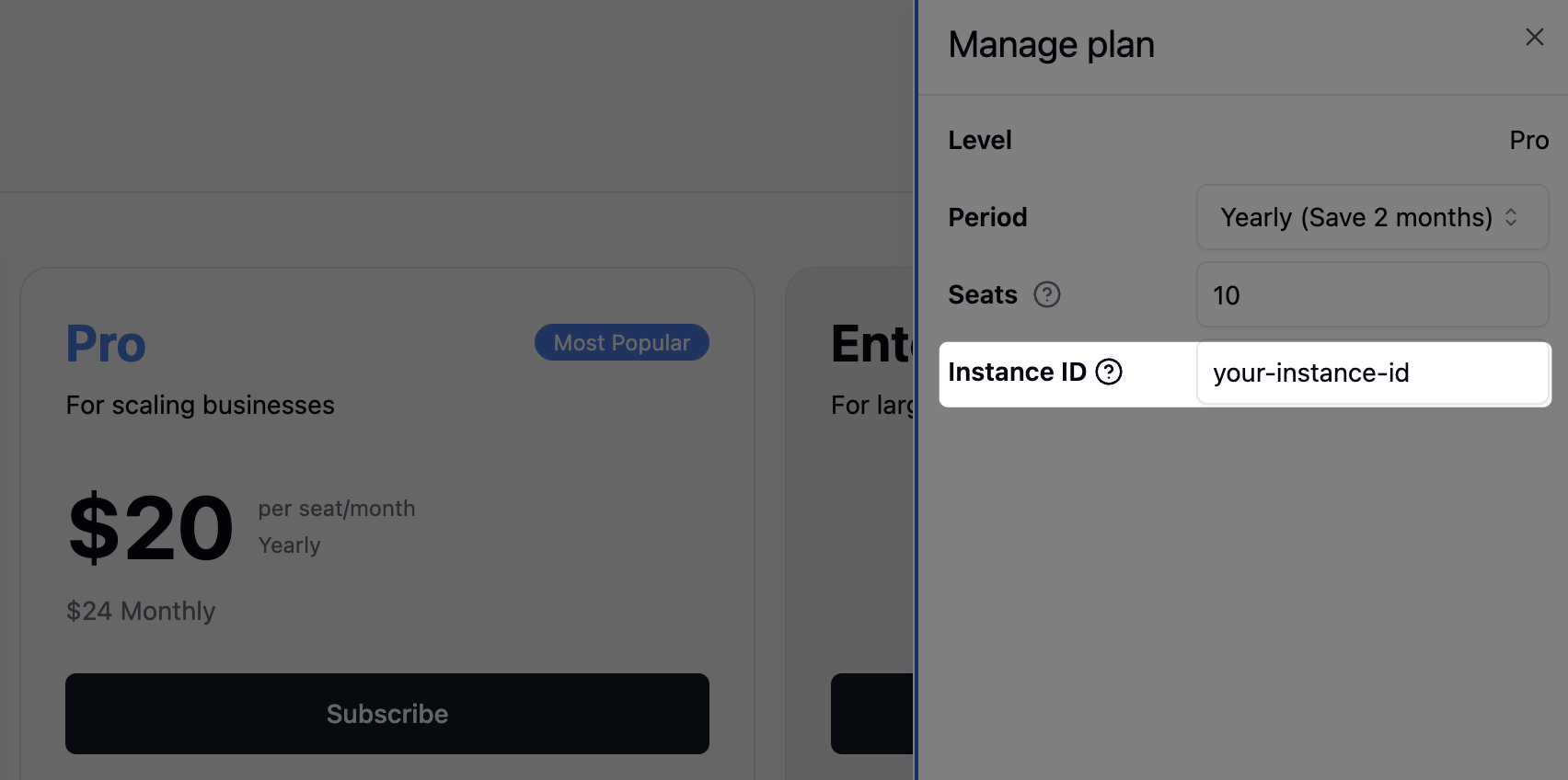 Enter the Instance ID during subscription