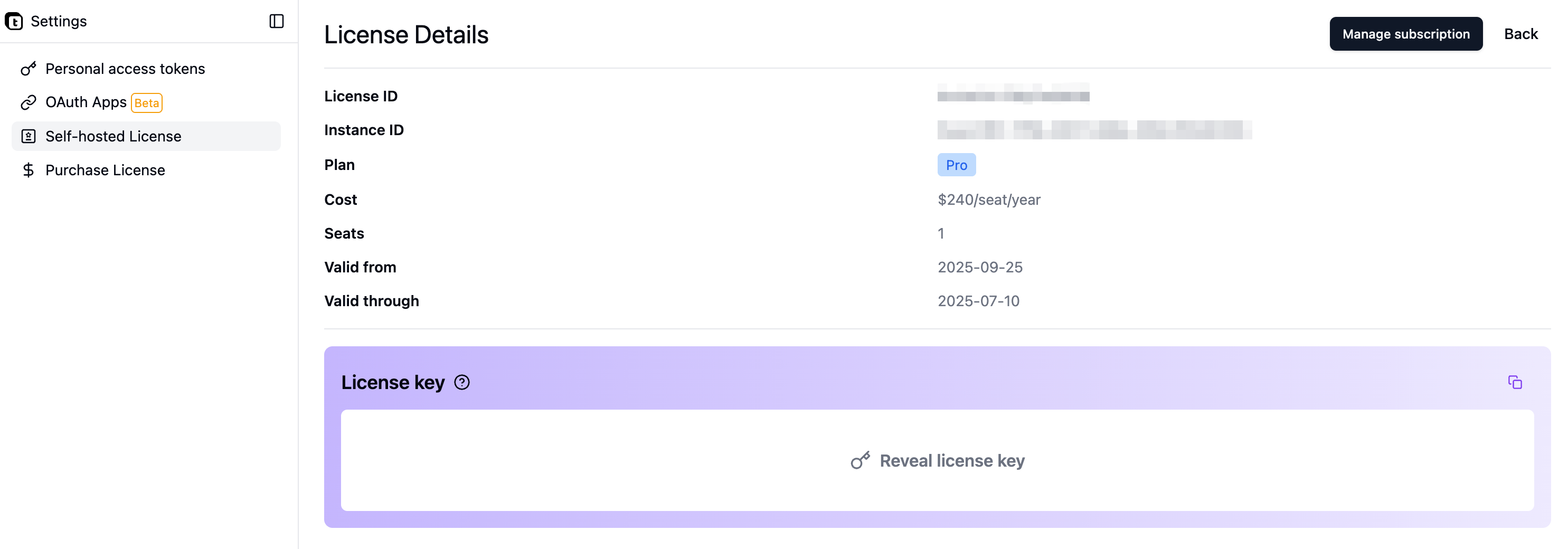 License detail after subscription