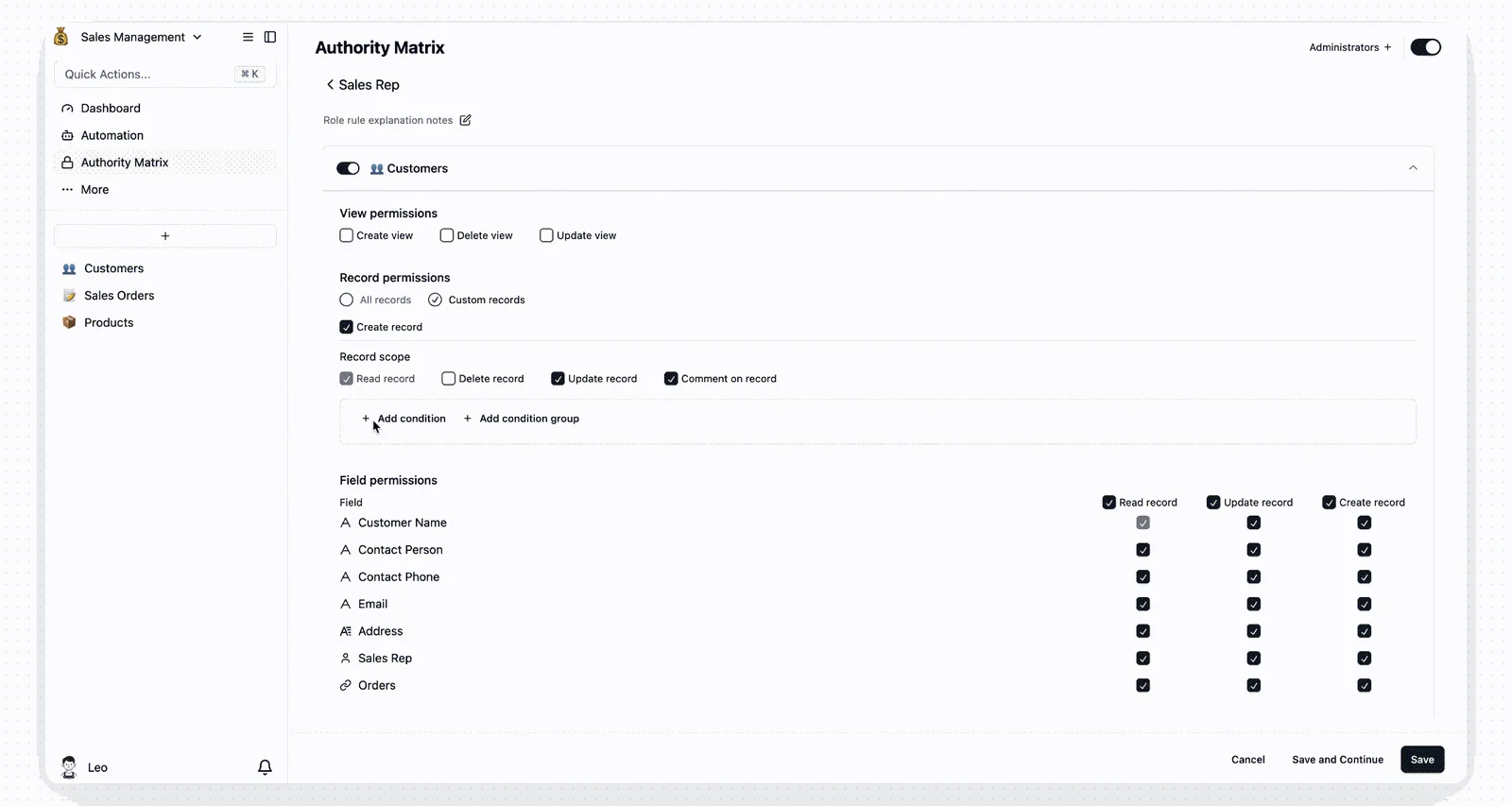 Configure an owner-based record filter for Sales Rep