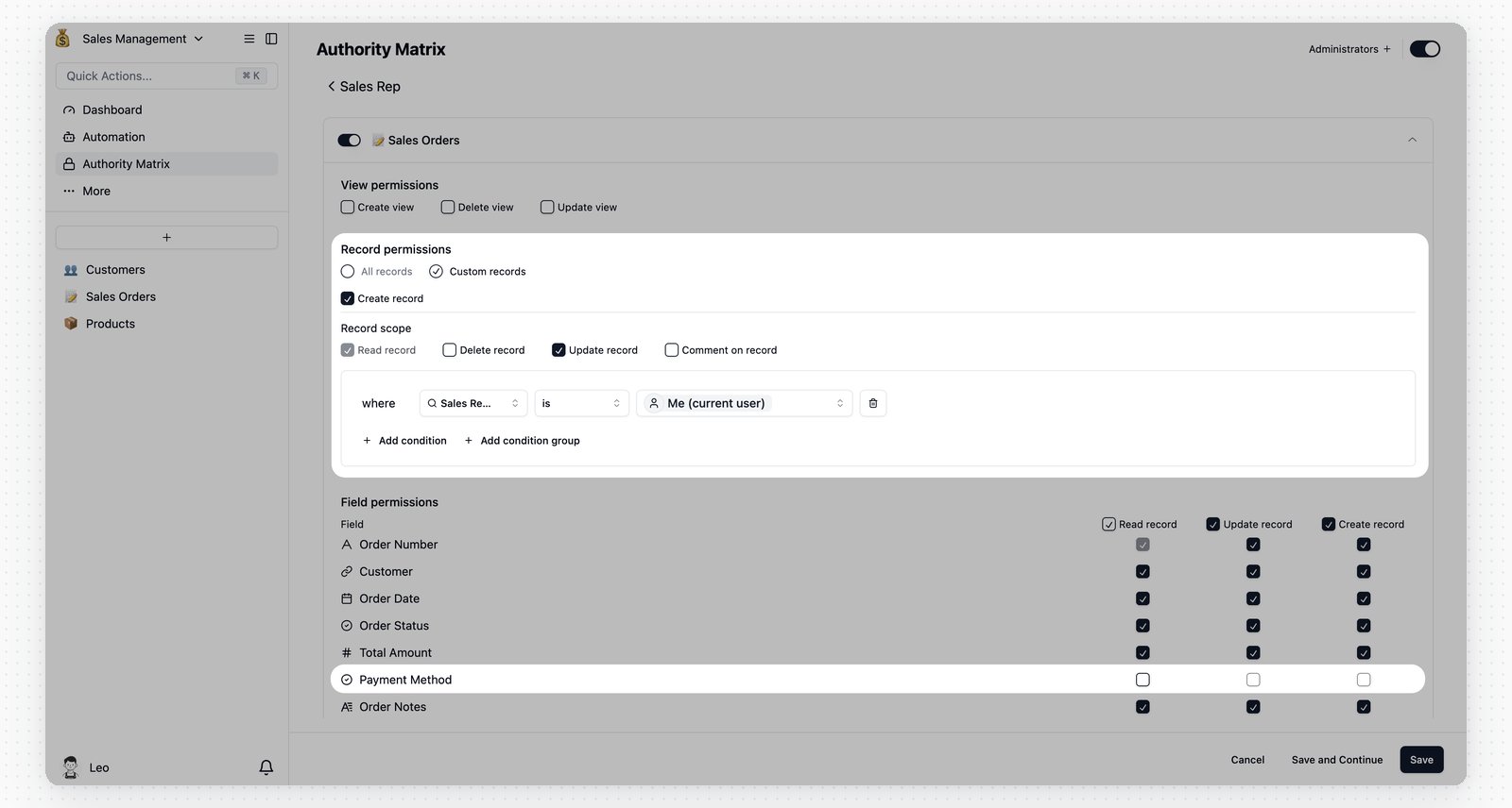 Configure Sales Rep order permissions