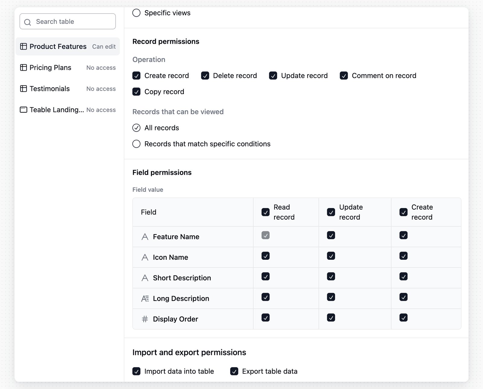 Authority Matrix table permissions