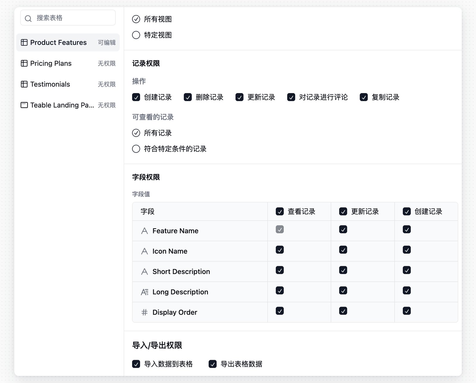 权限矩阵表格权限