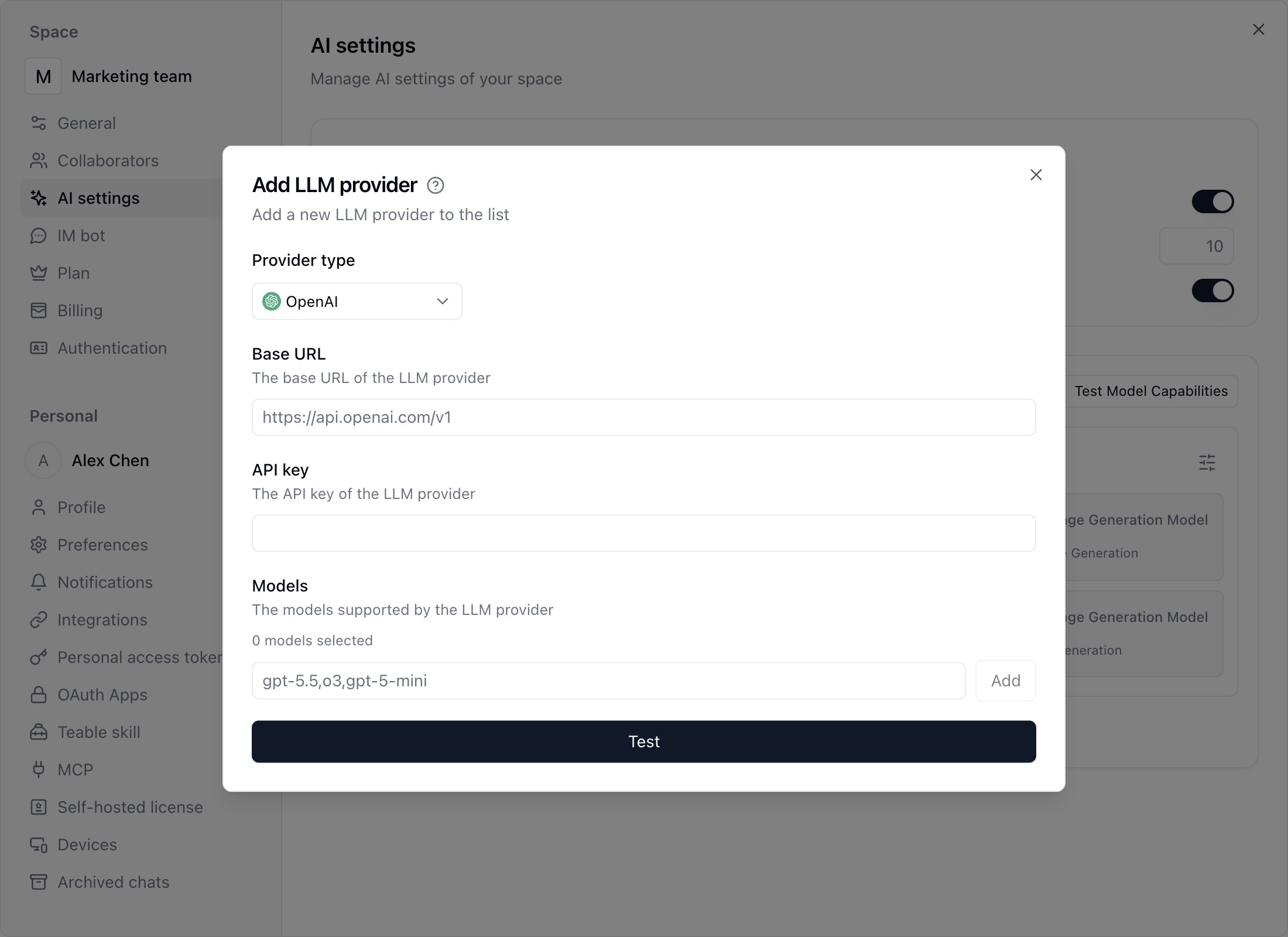 Cuadro de diálogo para añadir un proveedor de LLM