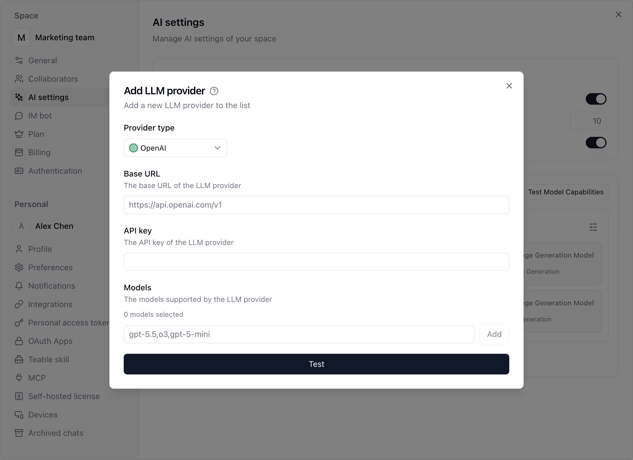 Cuadro de diálogo para añadir un proveedor de LLM