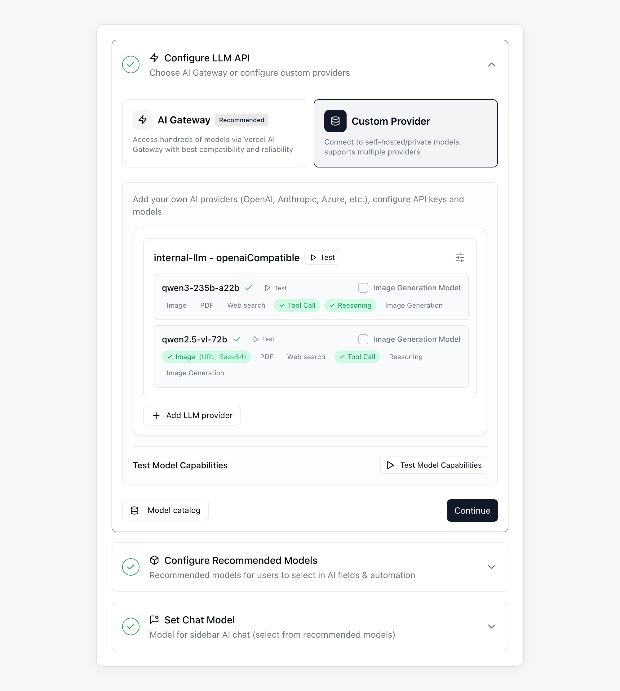 The Configure LLM API step with a custom provider added