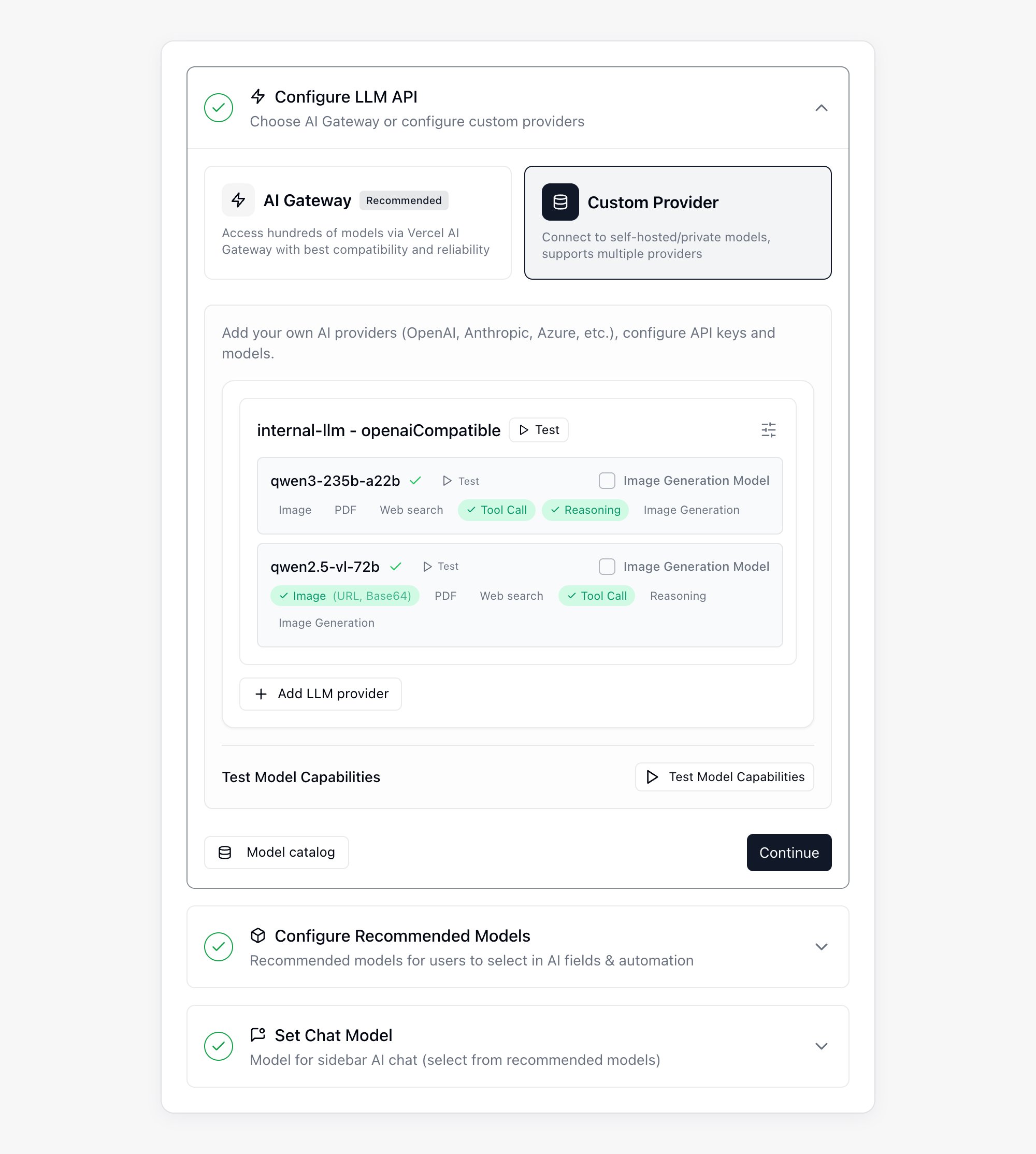The Configure LLM API step with a custom provider added