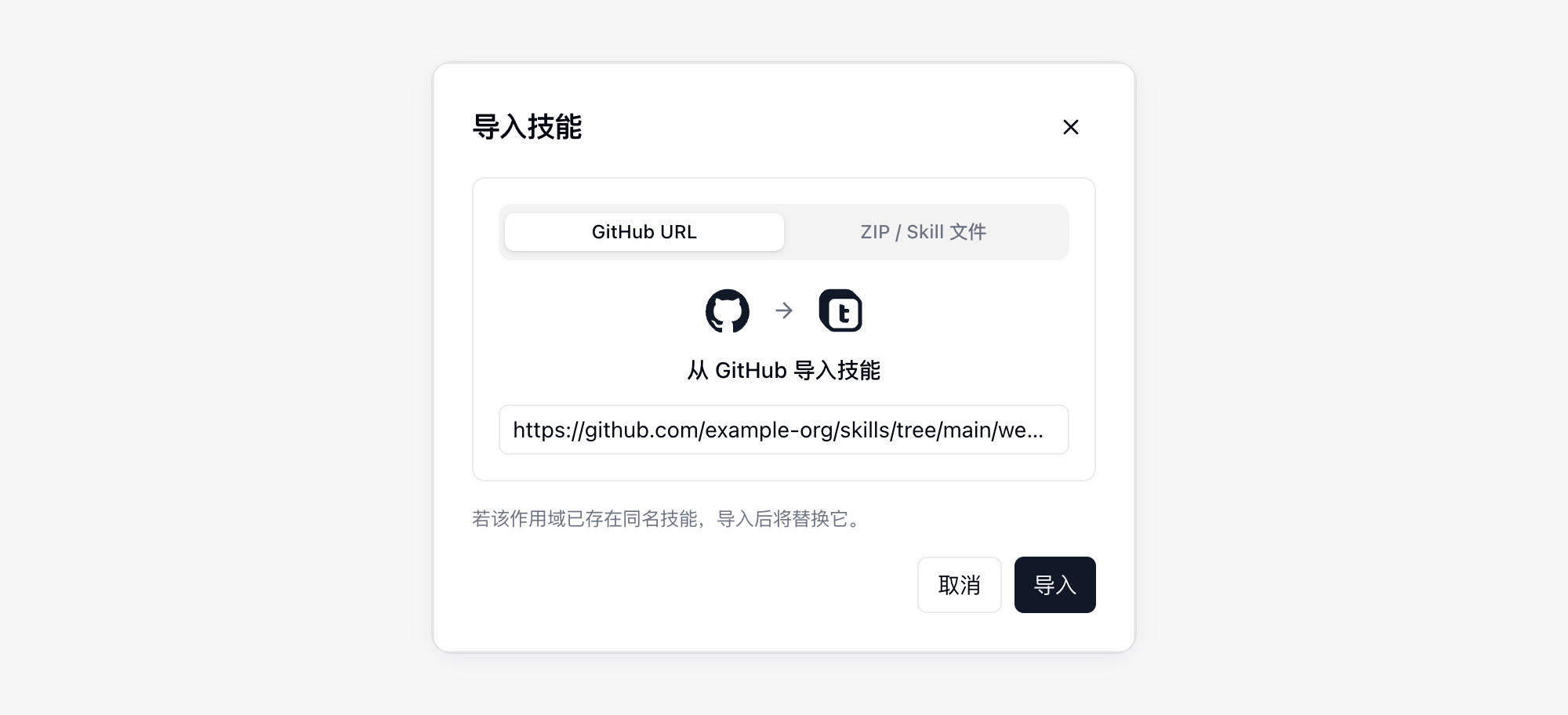 导入技能对话框，GitHub URL 标签页