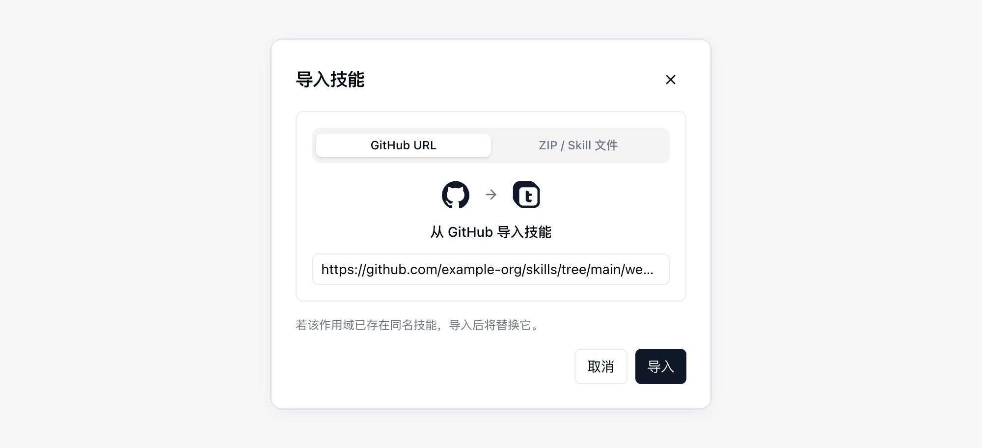 导入技能对话框,GitHub URL 标签页
