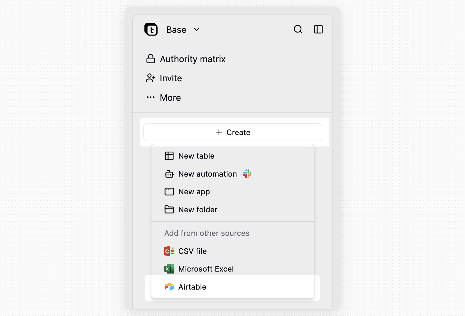 Airtable import entry in the base menu