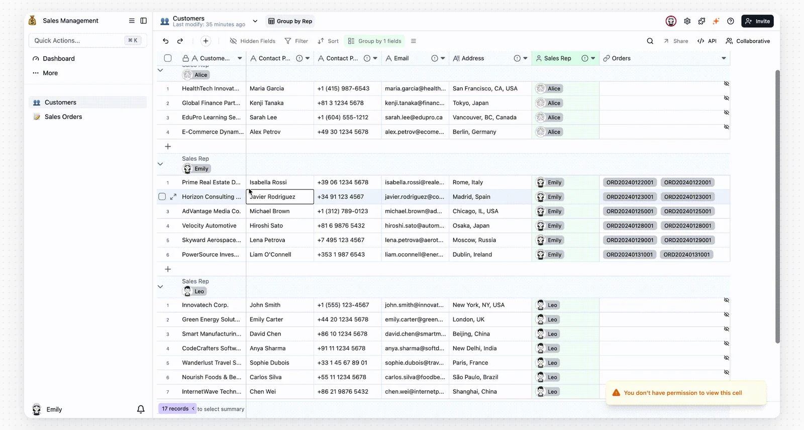 Sales Rep view with Global Customer Viewer permissions