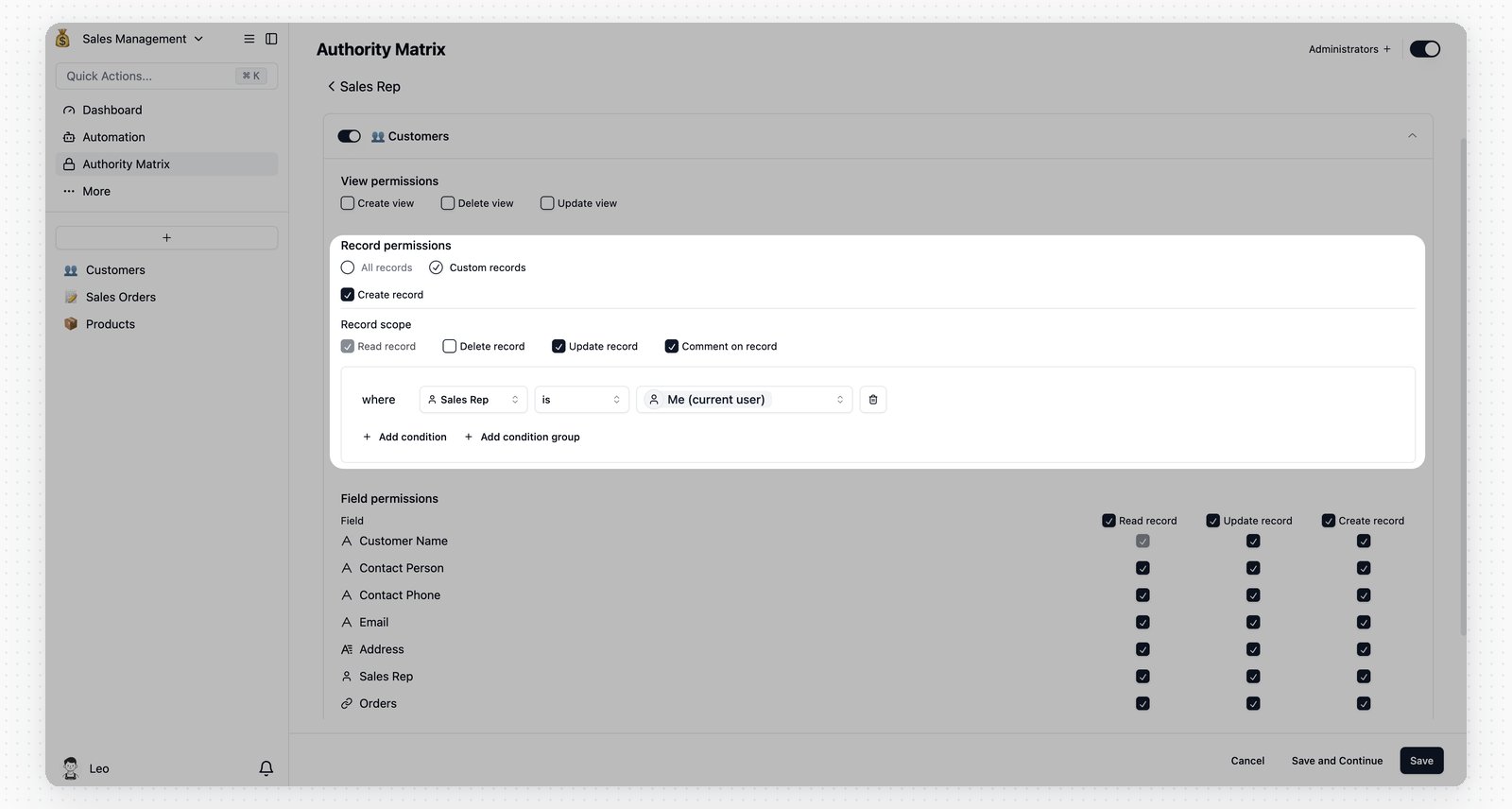 Configure Sales Rep customer permissions