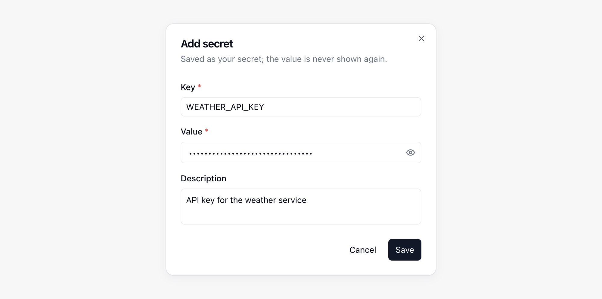 Add secret dialog with Key, Value, and Description filled in