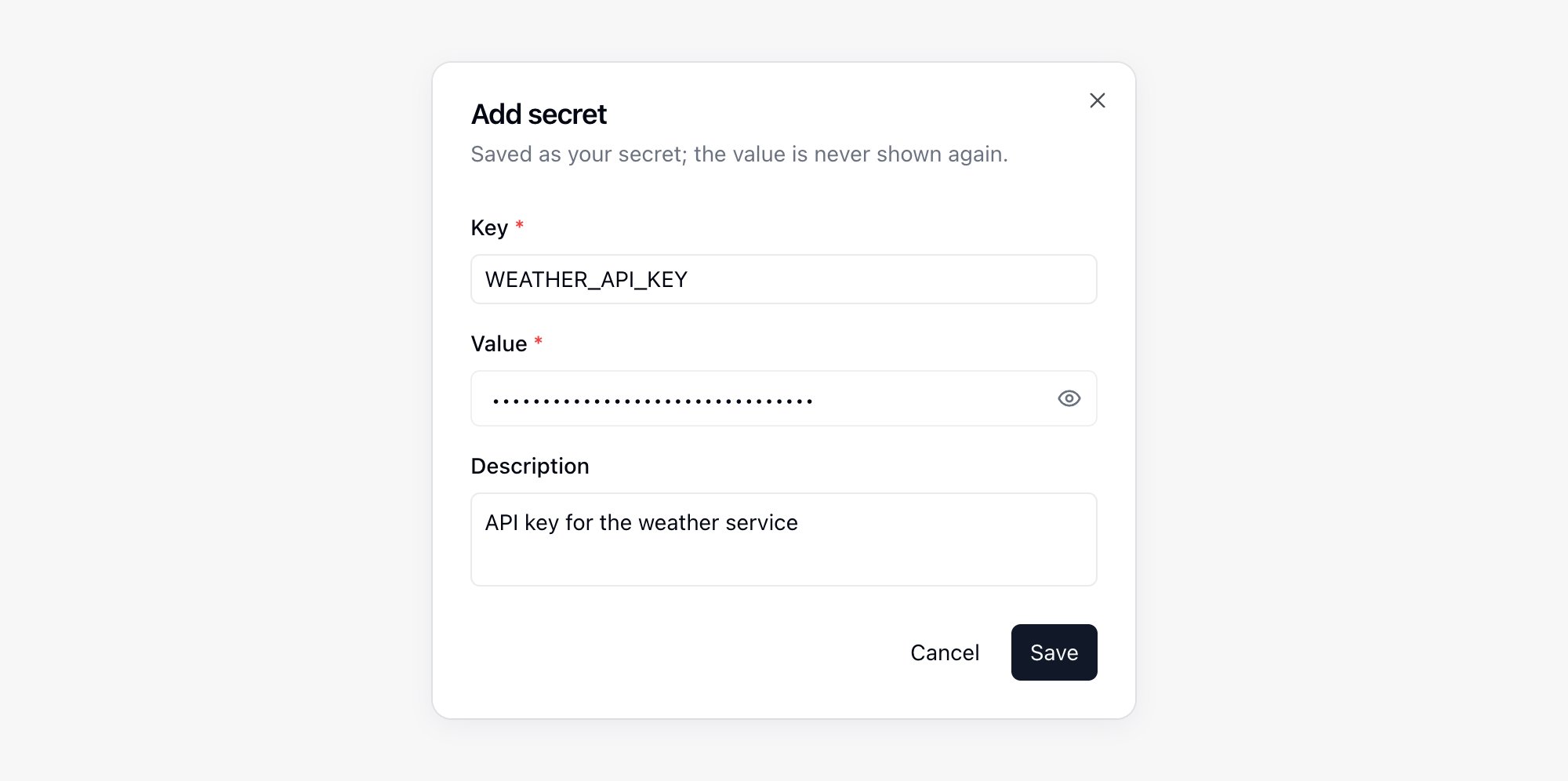 Add secret dialog with Key, Value, and Description filled in