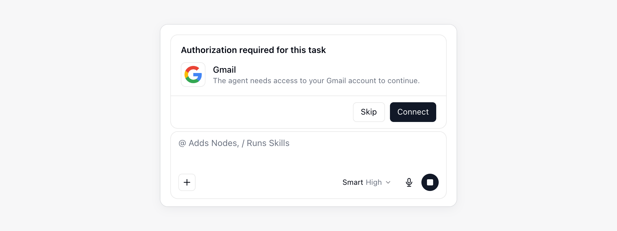 Authorization card above the AI chat input asking to connect Gmail, with Skip and Connect