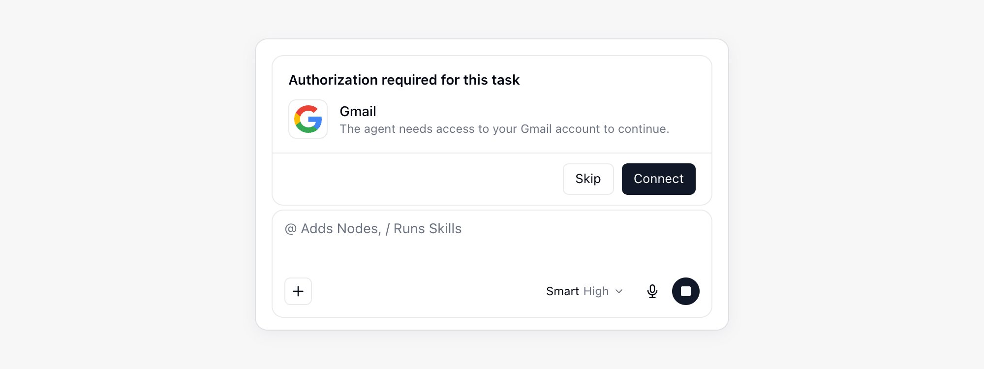 Authorization card above the AI chat input asking to connect Gmail, with Skip and Connect