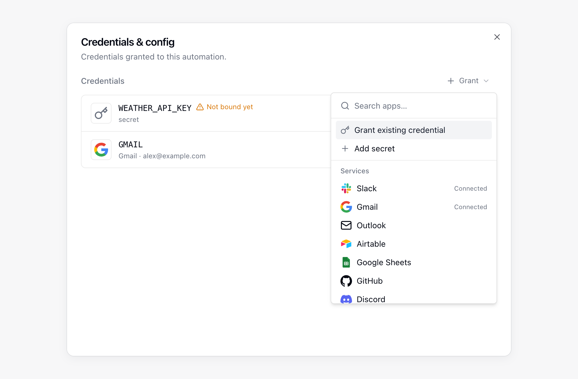 Credentials & config panel of an automation with a placeholder that is not bound yet, a granted Gmail connection, and the Grant menu open