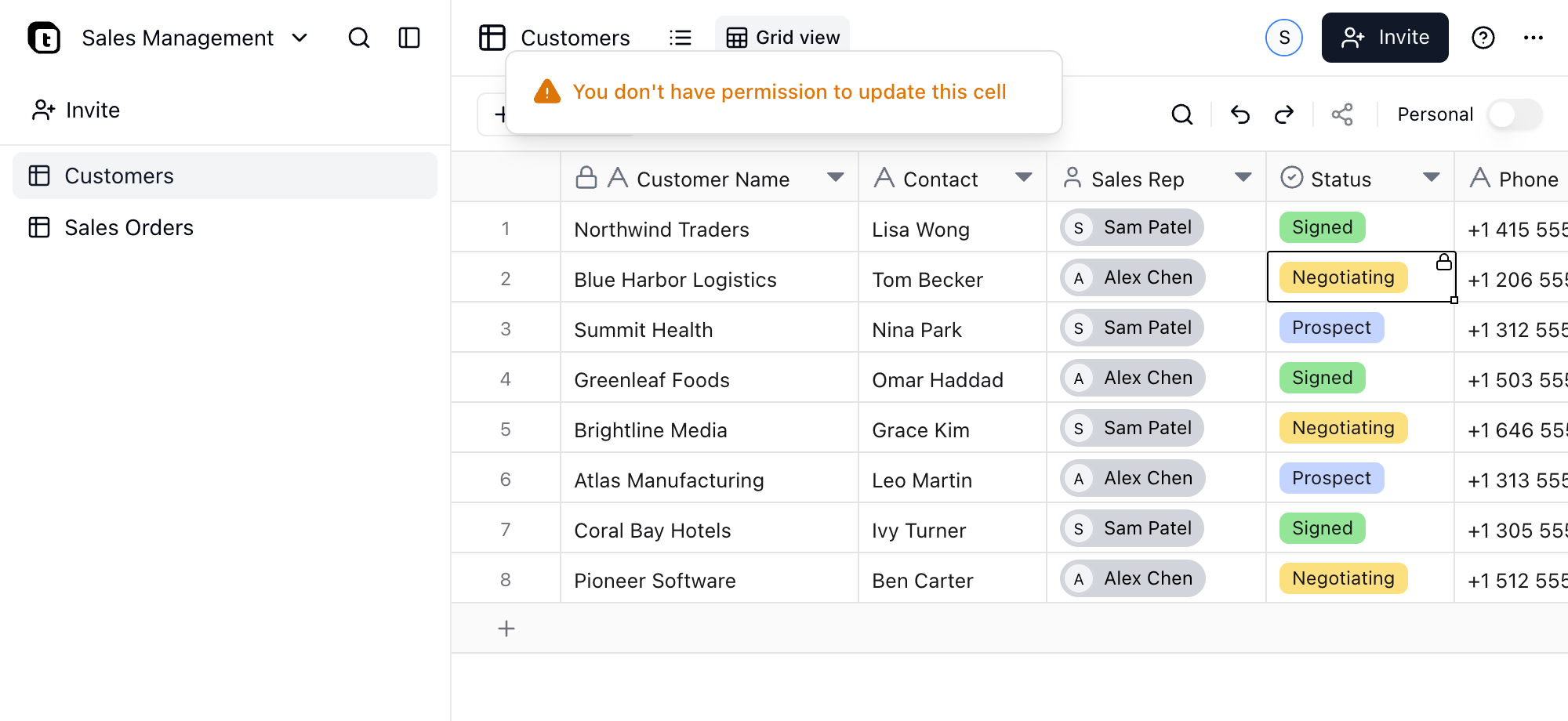 Vista del Representante de ventas con permisos de Lector global de clientes