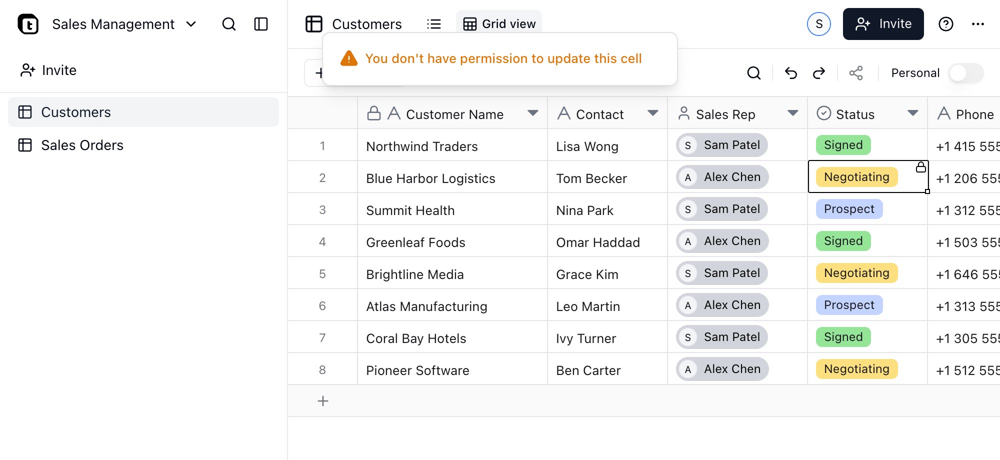 Vista del Representante de ventas con permisos de Lector global de clientes