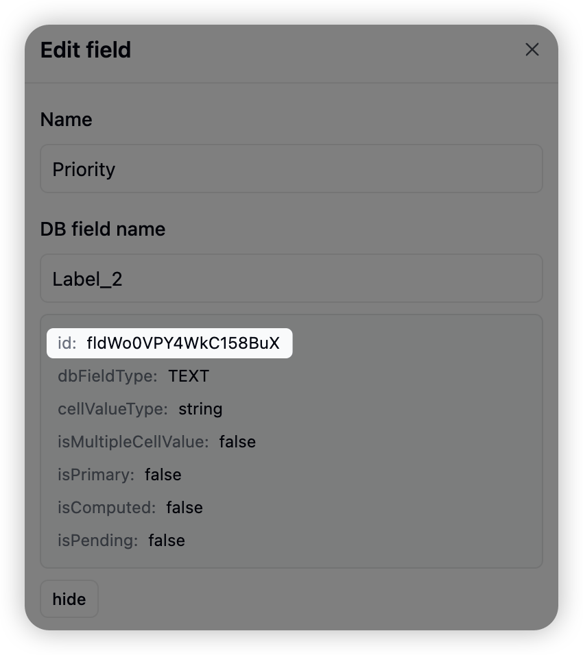 DB field name with the field ID