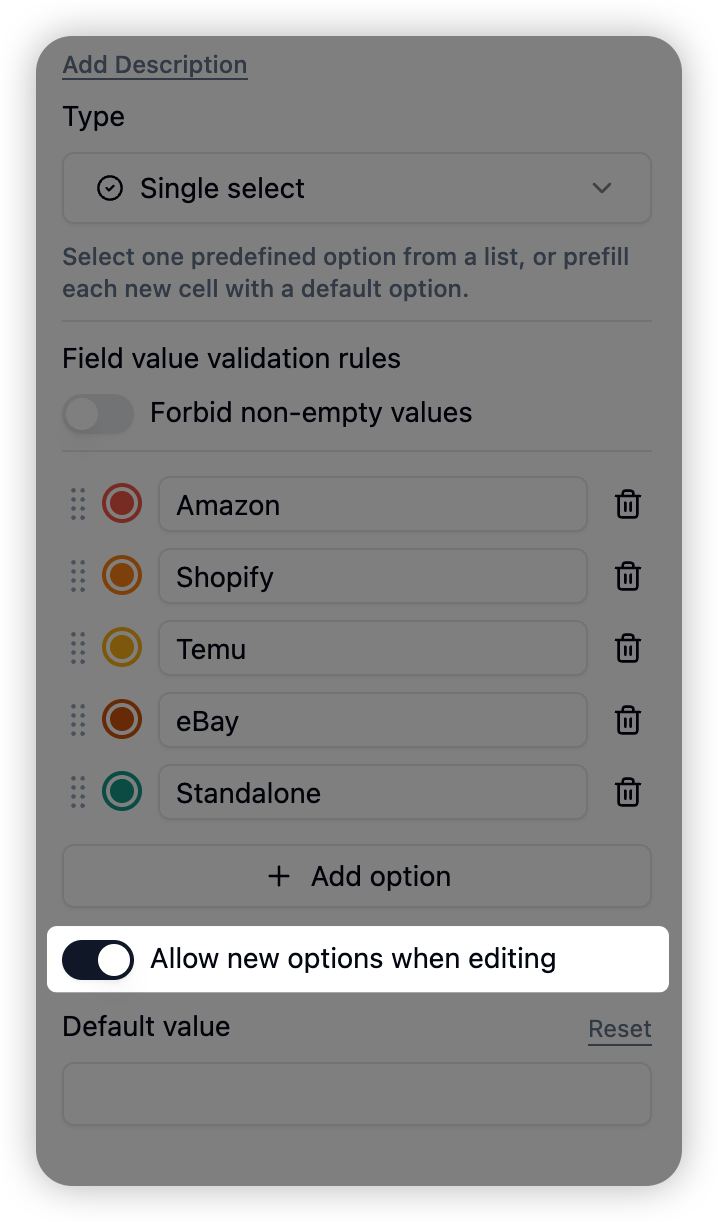 Single/Multiple Select Field Settings screenshot