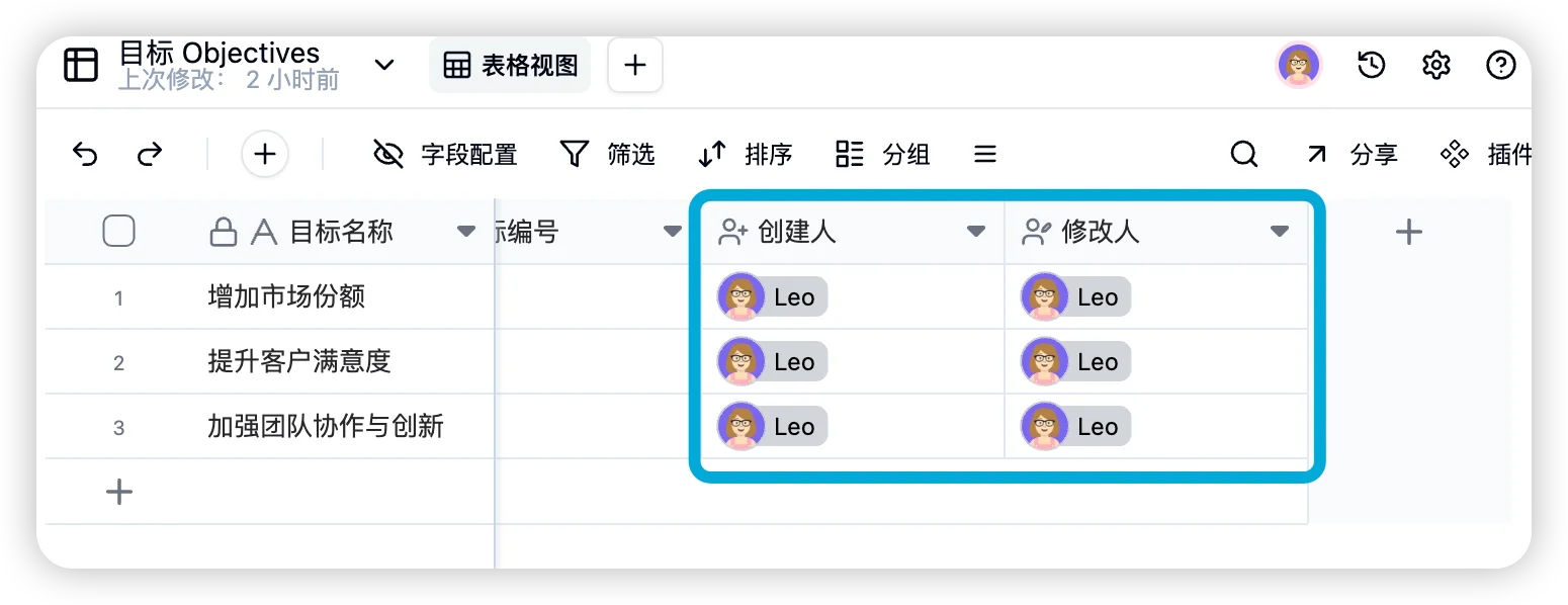 创建人和最近修改人字段截图